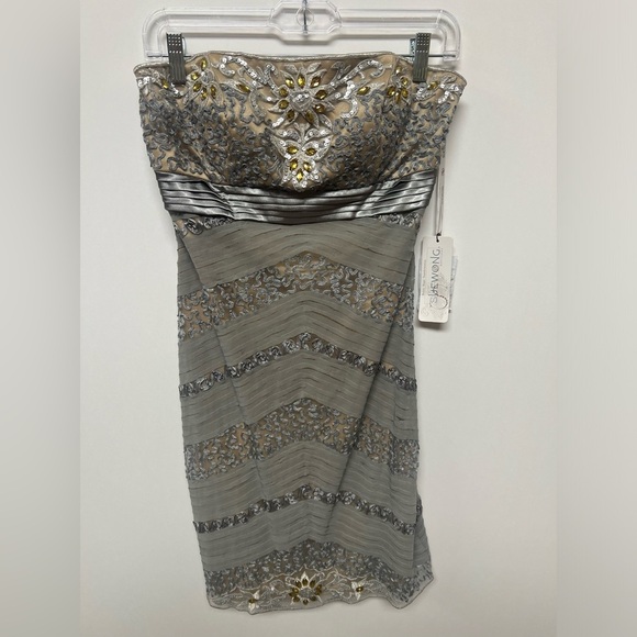 SUE WONG NOCTURNE STRAPLESS BEADED DRESS. SIZE 8.  PLATNIUM GOLD - Picture 2 of 14